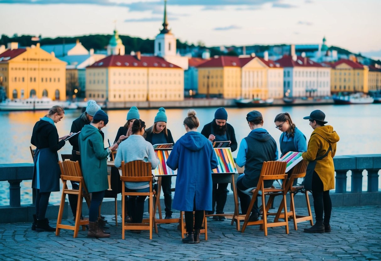 A group of artists gather in a vibrant Swedish city sketching and painting the colorful architecture and serene landscapes.